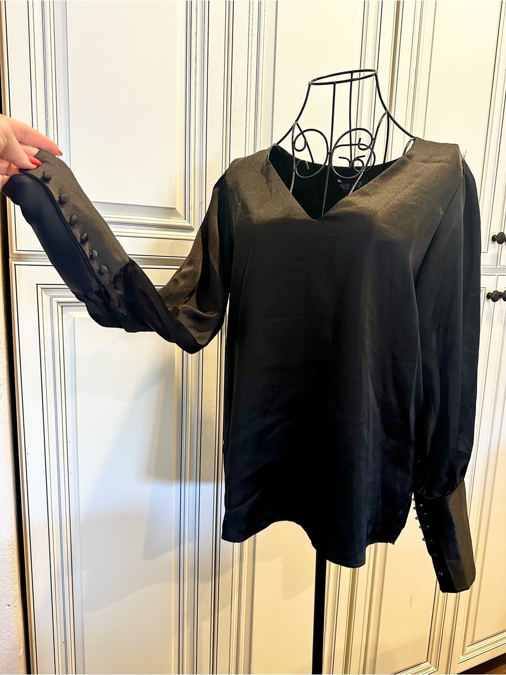 Rachel Zoe Black V-Neck Satin Blouse with Button Cuffs